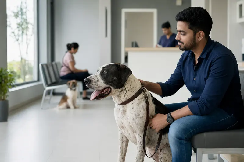 Ein Bully Kutta sitzt ruhig neben seinem Besitzer im hellen Wartezimmer einer modernen Tierarztpraxis.